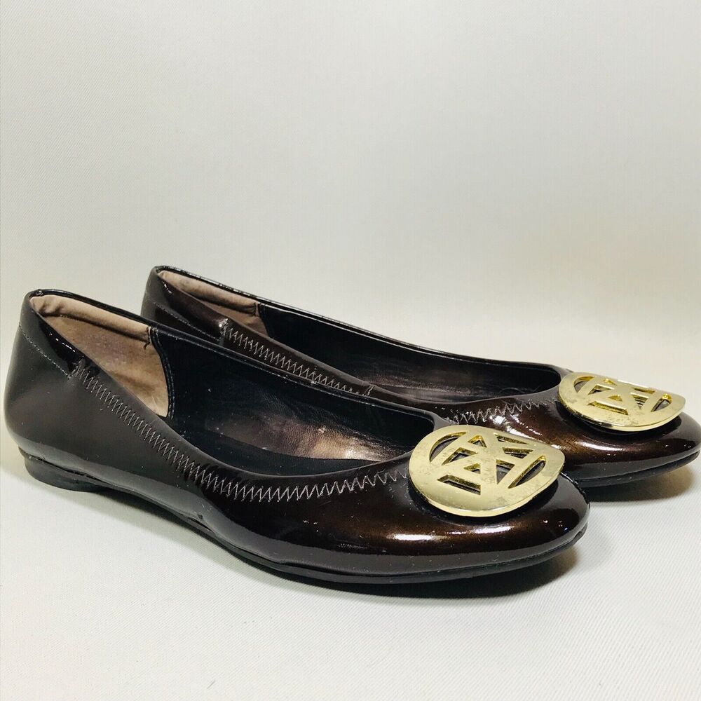 Anne Klein iFlex Brown Leather Shoes AK Monogram 6 M Womens Pierre Ballet Flats